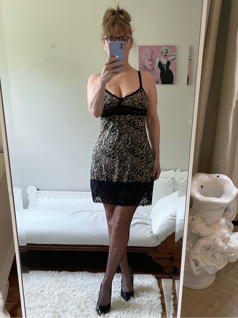 VINTAGE MARILYN MONROE SLIP DRESS TAUPE TAN BLACK LACE ADJUSTABLE STRAPS STRETCH